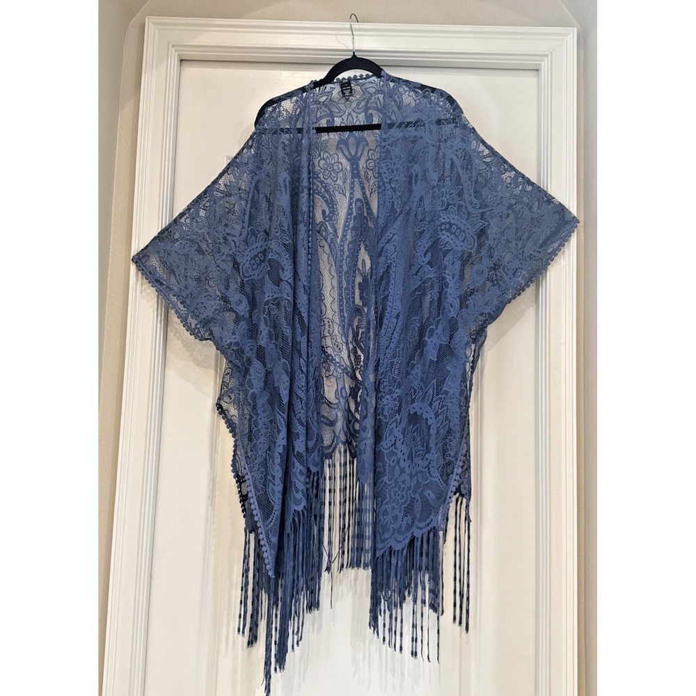 MIXIT Blue Crochet Floral Fringe Kimono Sheer Lightweight Boho Cover Up One Size